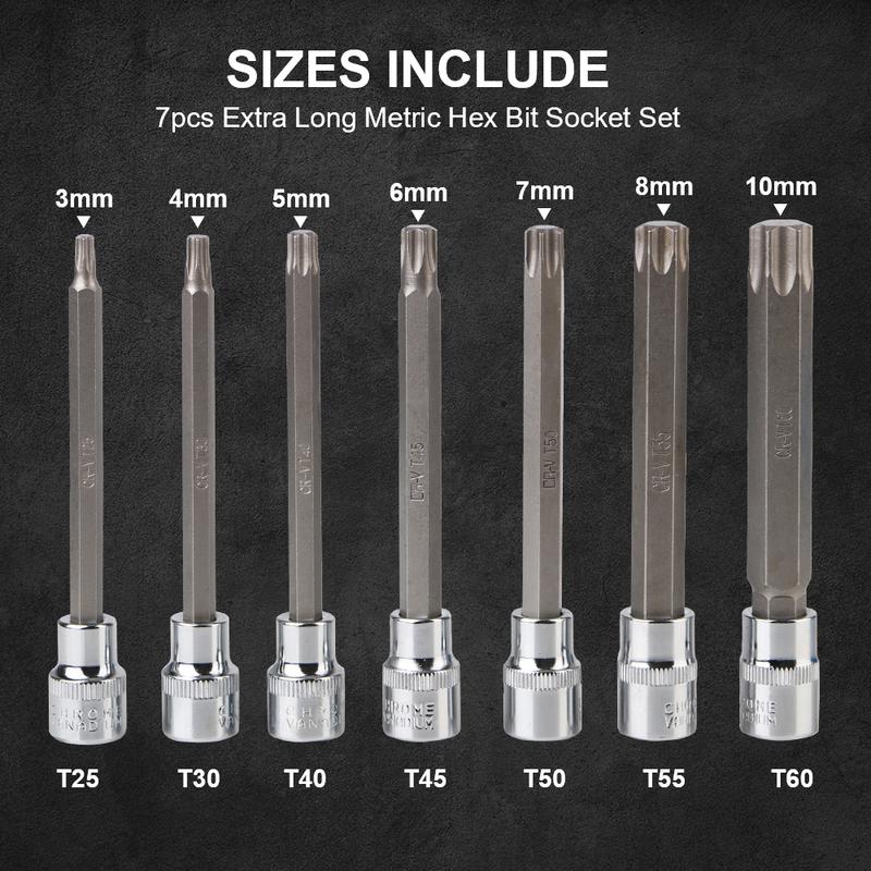 T25, T30, T40, T45, T50, T55, T60 Velikost 3/8palce Pohon Extra Dlouhé Chrom-Vanadiová Ocel Torx Hvězdicové Bity Nástrčné Klíče Sada 7 ks
