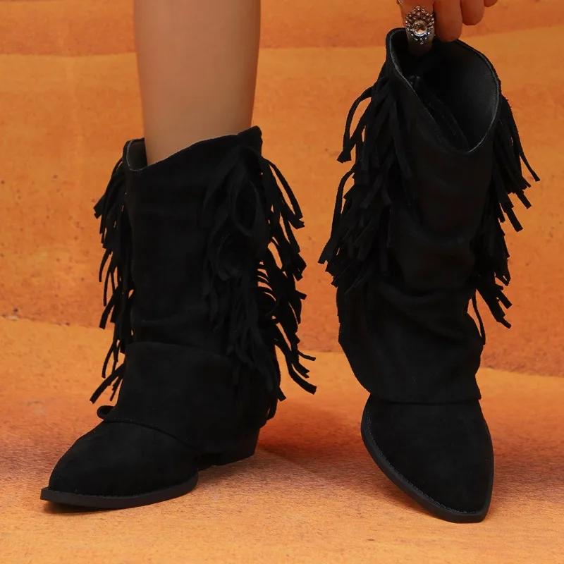 Fashion Pointed Toe Tassel Womens 2025 New Fall Winter All-match Pant Leg Boots Vintage Suede Booties