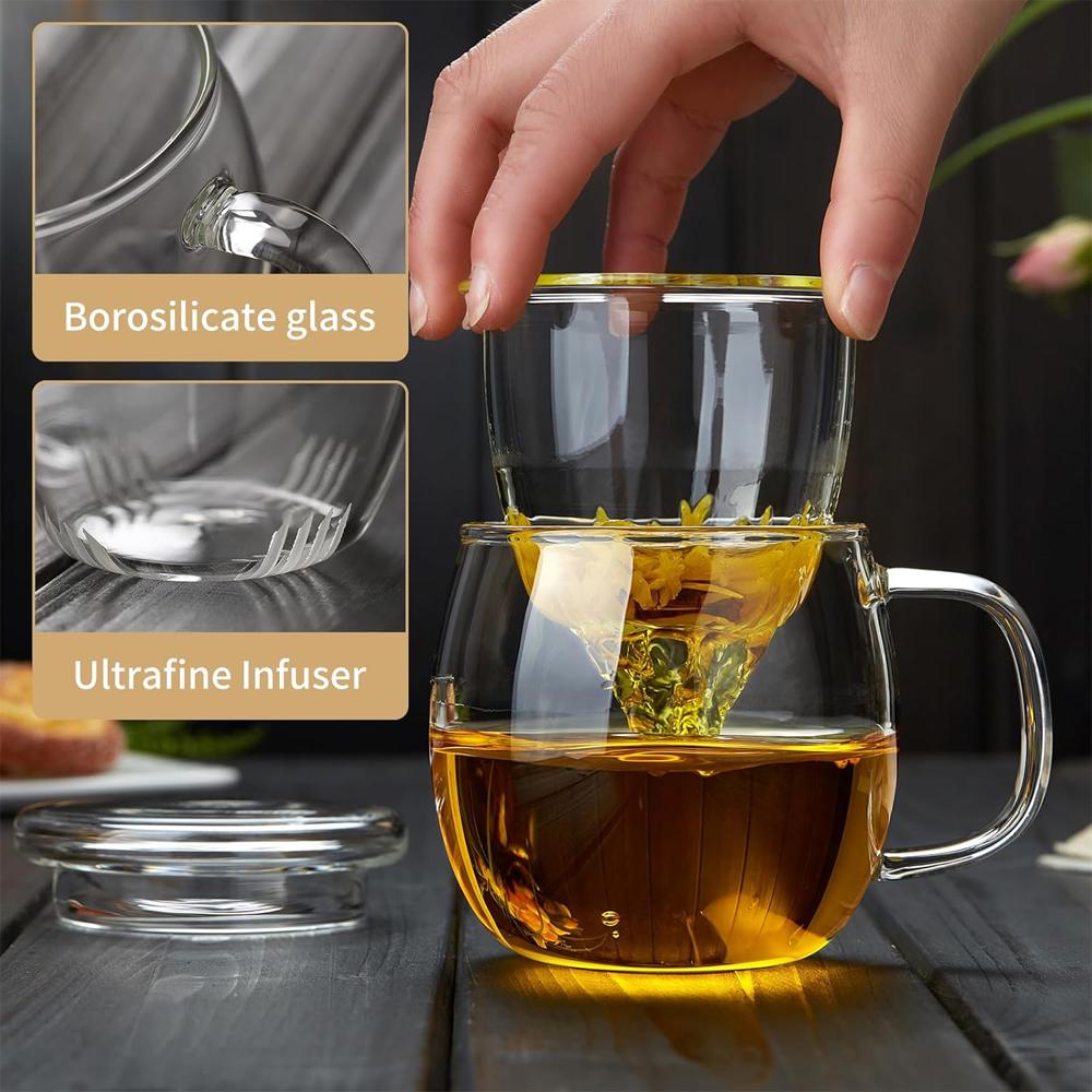 Glass Tea Cup with Infuser and Lid 11oz/350ml Borosilicate Tea Cup Clear Mug for Loose Leaf Tea, Herbal Tea and Tea Bags