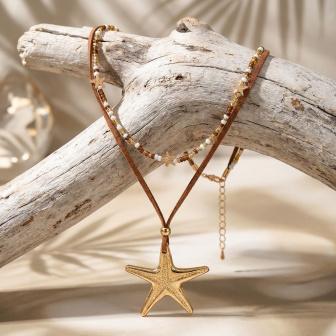 Layered Gold Starfish Pendant Necklace Women White Seed Bead Rope Cord Choker Boho Beach Summer Vacation Jewelry