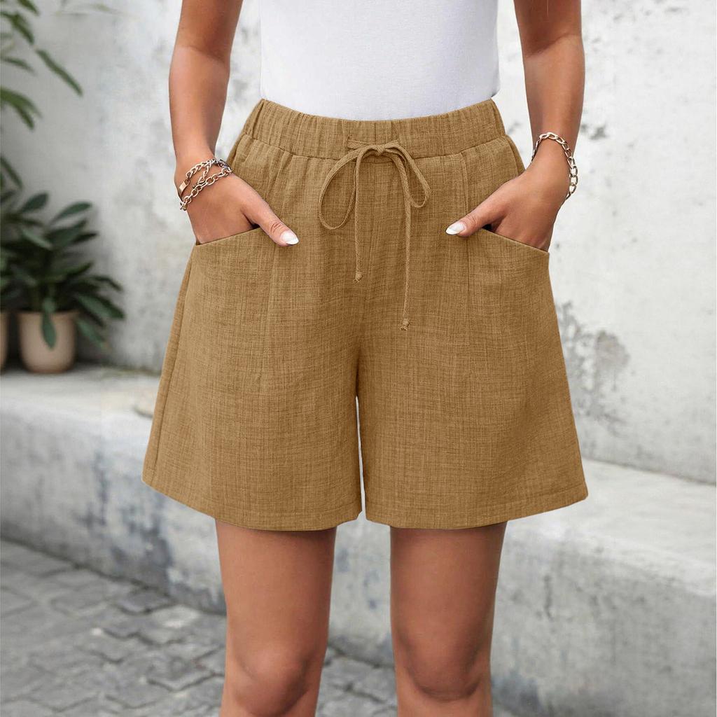 Women's Casual Linen Shorts Elastic Waisted Drawstring Summer Shorts With Pockets