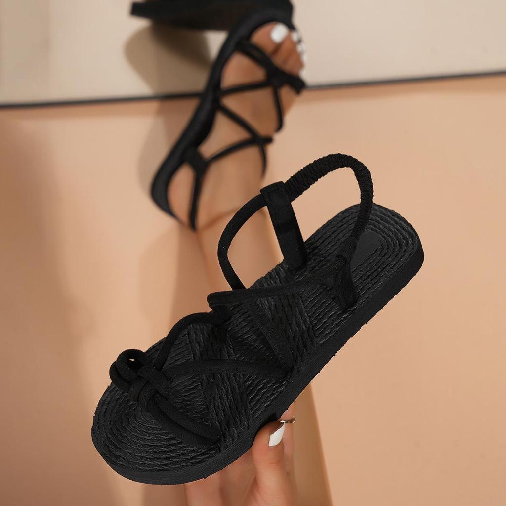 Women's Striped Suede Cross-Strap Flat Sandals with Faux Hemp Rope Sole.