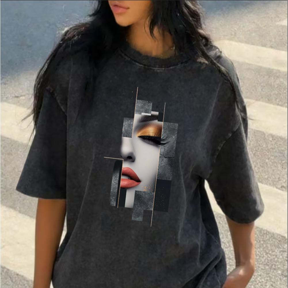 Abstrakt Färgstark Ansiktskonst Överdimensionerad T-shirt Tvättad Bomull Avslappnad T-shirt Livfull Ansiktsgrafik Topp för Kvinnor
