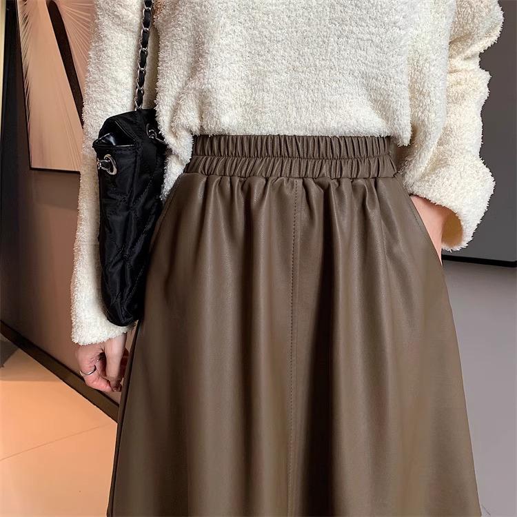 Women's Plus Size High Waist A-Line Brown PU Leather Skirt for Spring, Autumn, and Winter