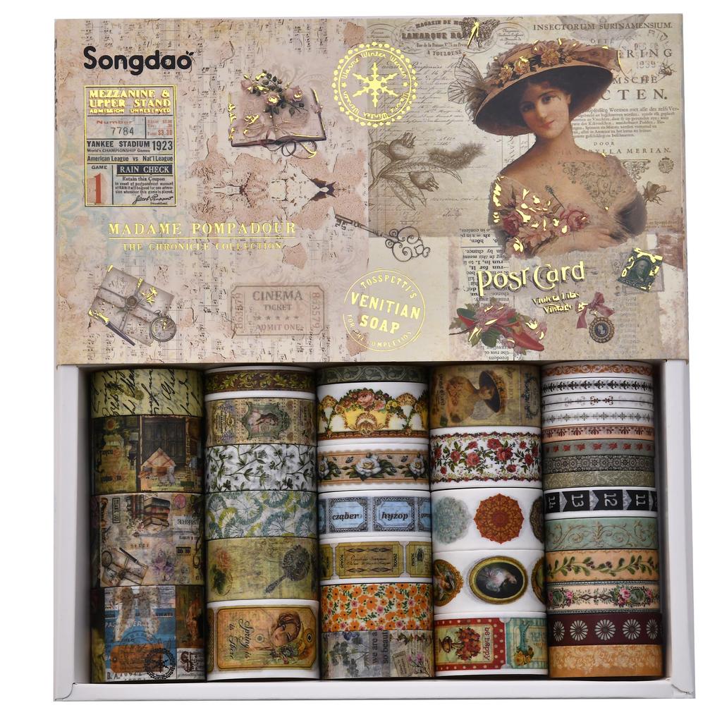 Songdao Retro Art Washi Set Vintage Masking Tape with Classic Art Patterns Perfect for and Gift Wrapping X 2m Each Madame De Pompadour Tape, 36-Roll