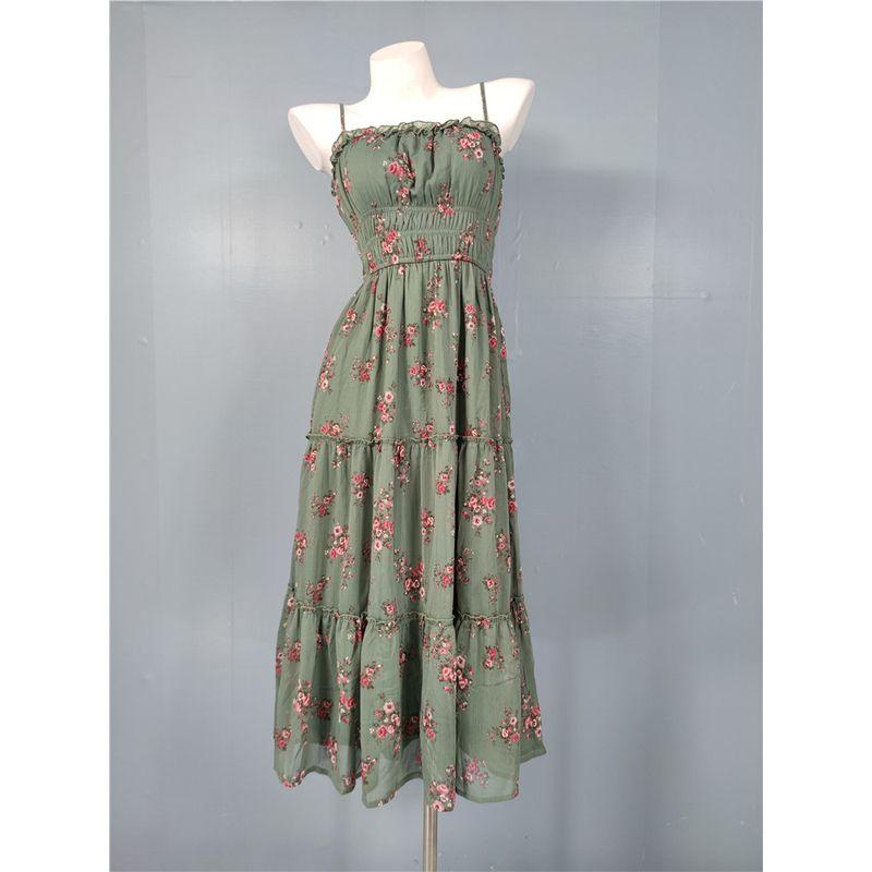 Foreign Trade Order Summer New Sling Exquisite Print Vacation Slimming Island Waist Hugging A Word Big Hemline Sweet Dress