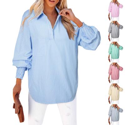 Women's Long Sleeve Solid Color Striped Shirt Casual Loose Top