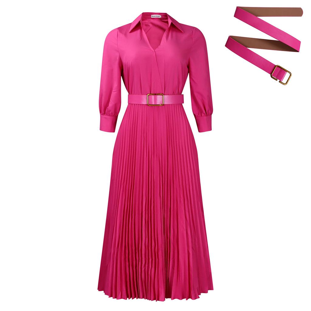 Women's New Fashion Lapel Long-sleeved High-waisted Temperament Pleated Solid Color Dress