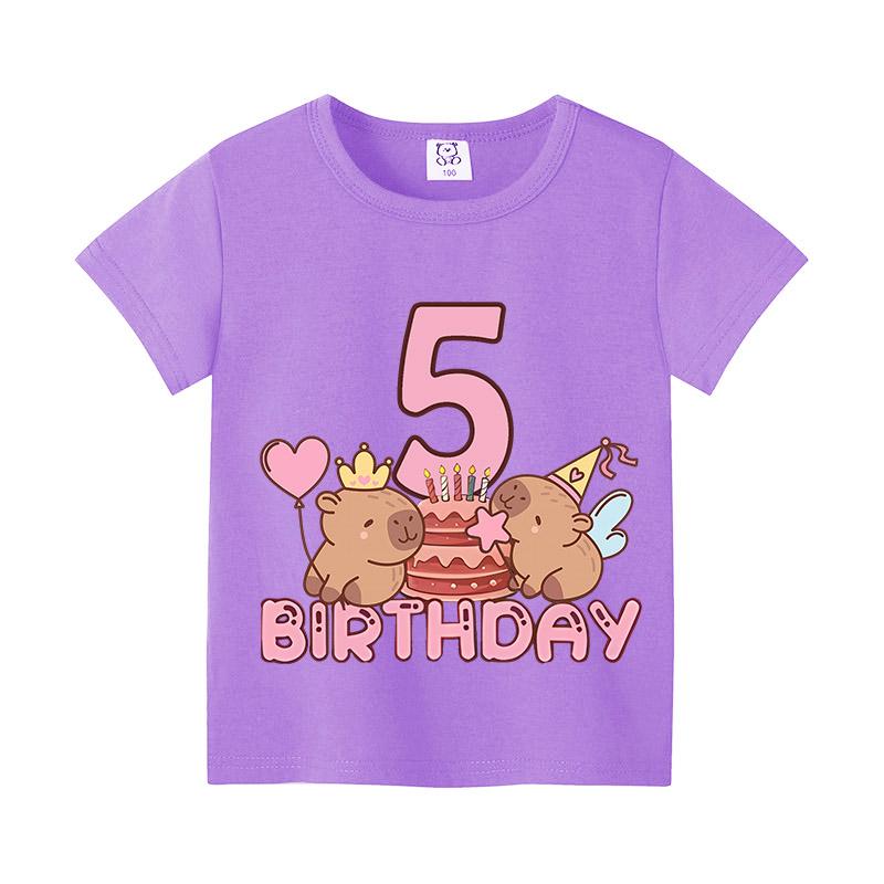 Capybara Birthday Print T-Shirtt Girls Number Short Sleeves Shirts Cartoon Anime Figures Tops Clothes Kids Summer Cotton Tees
