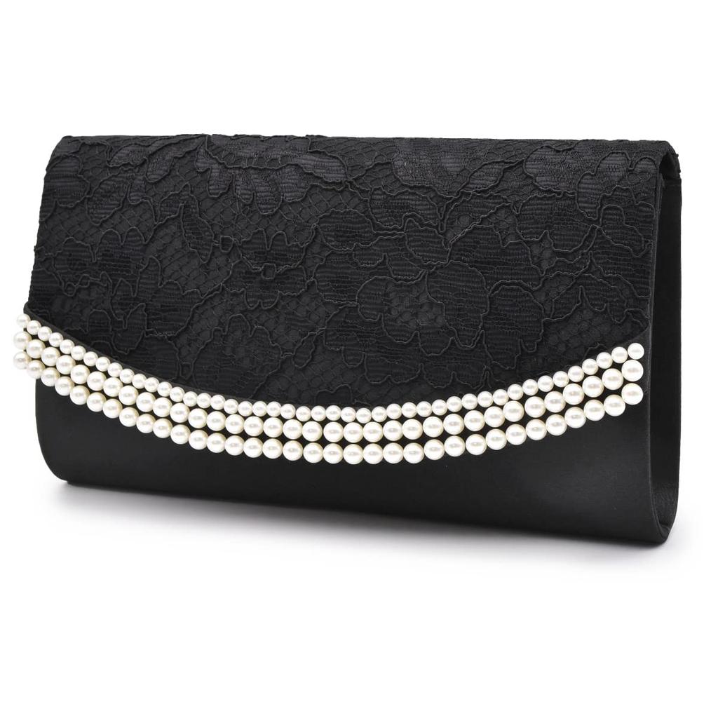 Plex 3-Wege Party Tasche, Perlen und Perlen Clutch Tasche, Plissierte Spitze, Schwarz
