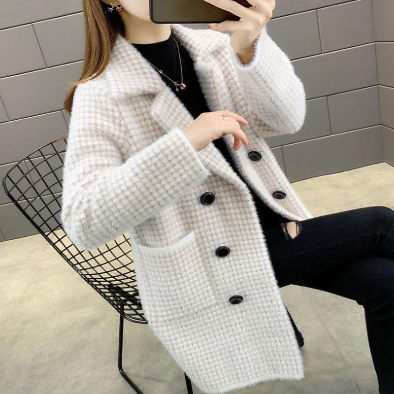 Women's Mid-Length Mink Coat Cardigan - Korean Style Loose Suit Collar Knitted Overcoat for Autumn and Spring