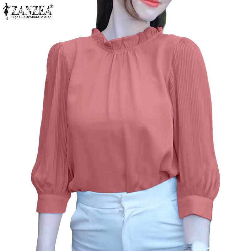 ZANZEA Women Casual Round Neck Solid Color 3/4 Sleeve Loose Blouse