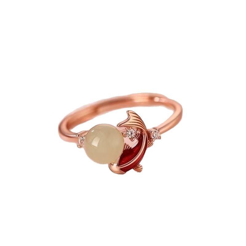 Jade See Koi Ring Women's Light Luxury Niche Premium Sense New Chinese Vegetarian Ring Index Finger Ring Franc Process Plating