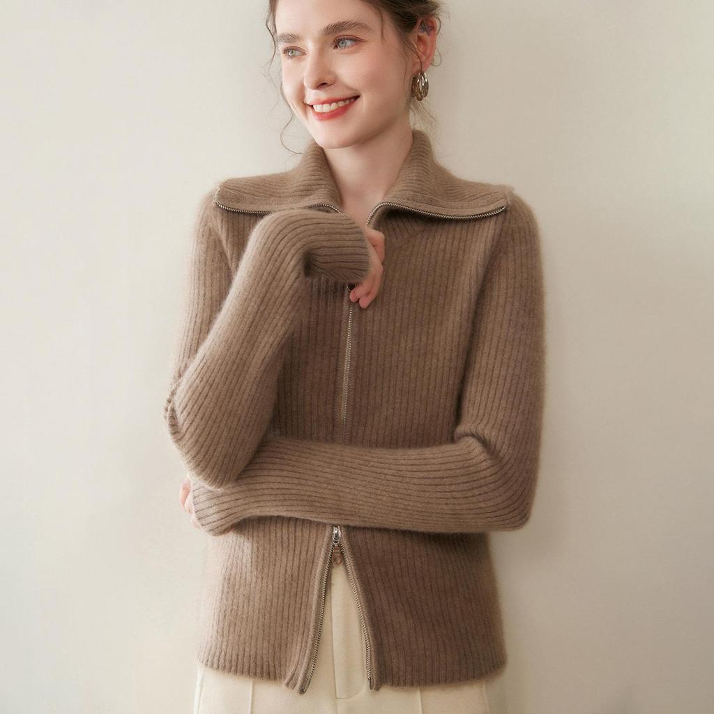 2025 Autumn Winter Women's Retro Cashmere Knit Cardigan - Long Sleeve, Loose Fit, Zipper, Versatile Outerwear.