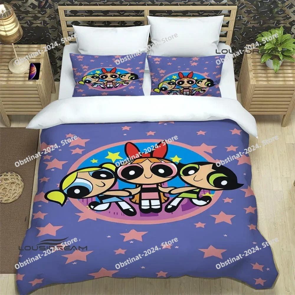 3D P-Powerpuff-Girls Cartoon Bedding Set Printed Bed Set Duvet Cover Sheet Pillowcase Bed Soft Quilt Cover Full Queen King Size
