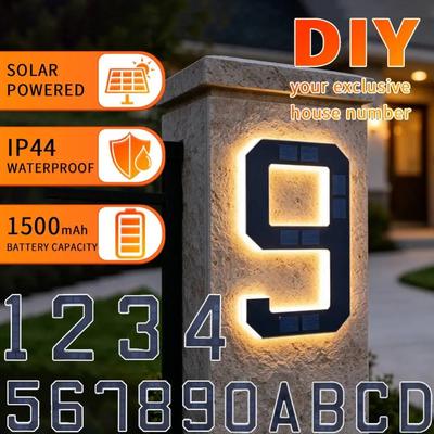 LED Solar House Number Light, IP44 Waterproof Outdoor Glowing Address Signs, Illuminated Address Plaque for Home Hotel Office