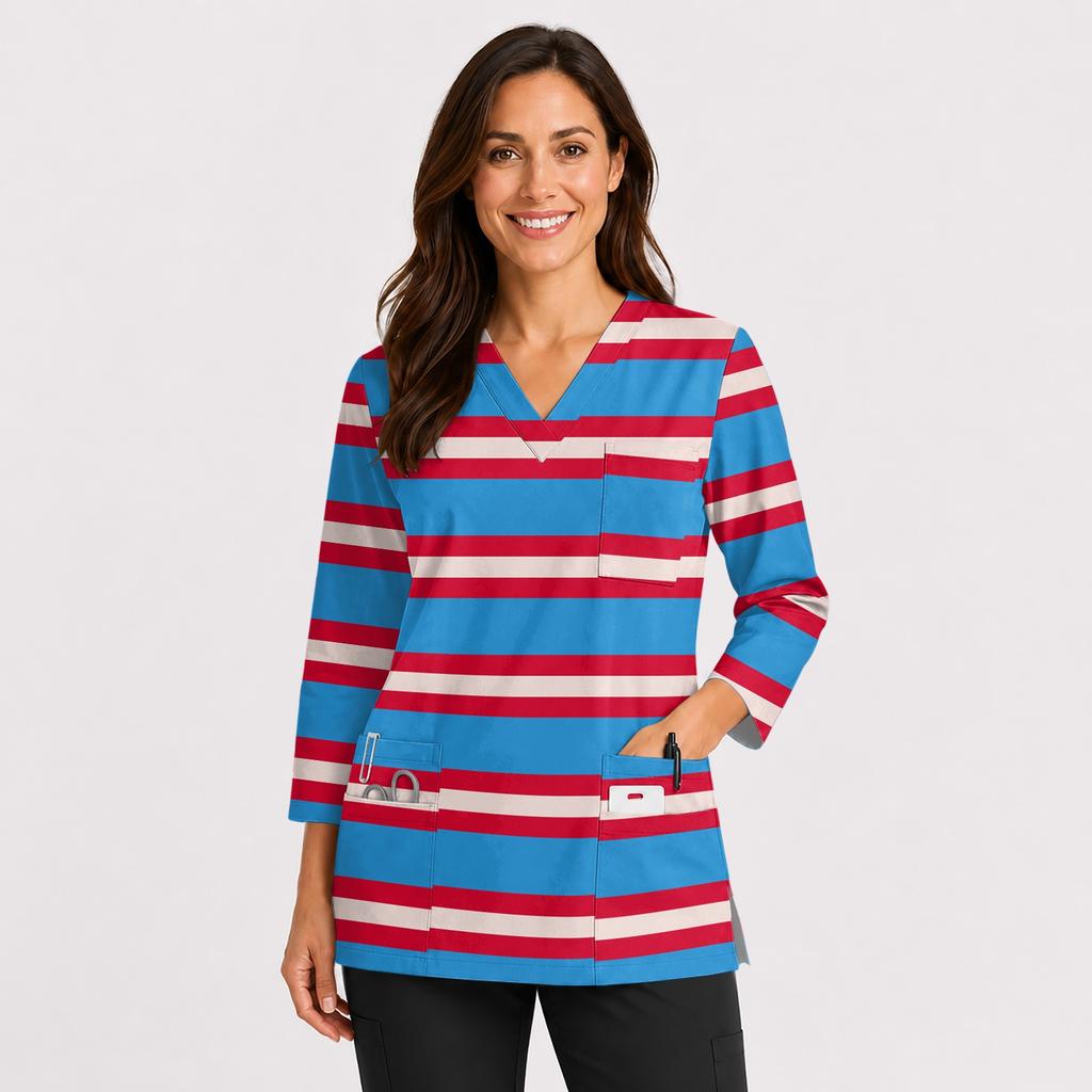 Women's Printed Uniform V Neck Top with Double Pockets and Side Slits 3/4 Sleeve