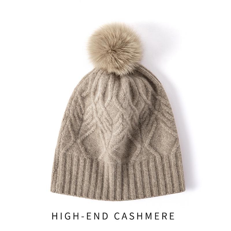 Cashmere Hat with Detachable Fox Fur Pompom, Cable Knit, Warm Ear Protection, Street Style for Autumn & Winter