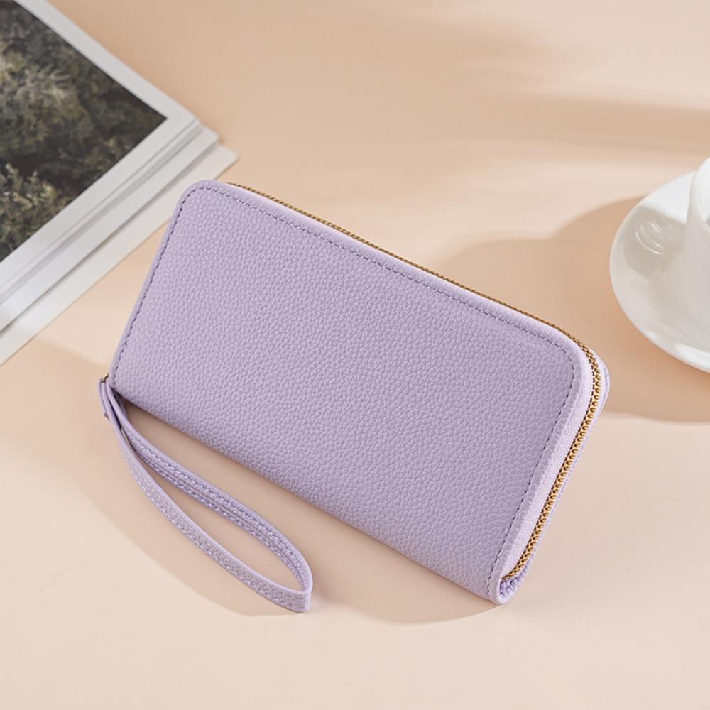 Luxury Leather Long Wallet With Wrist Strap Solid Color Multi Card Holder Large Capacity Phone Handbag Women
