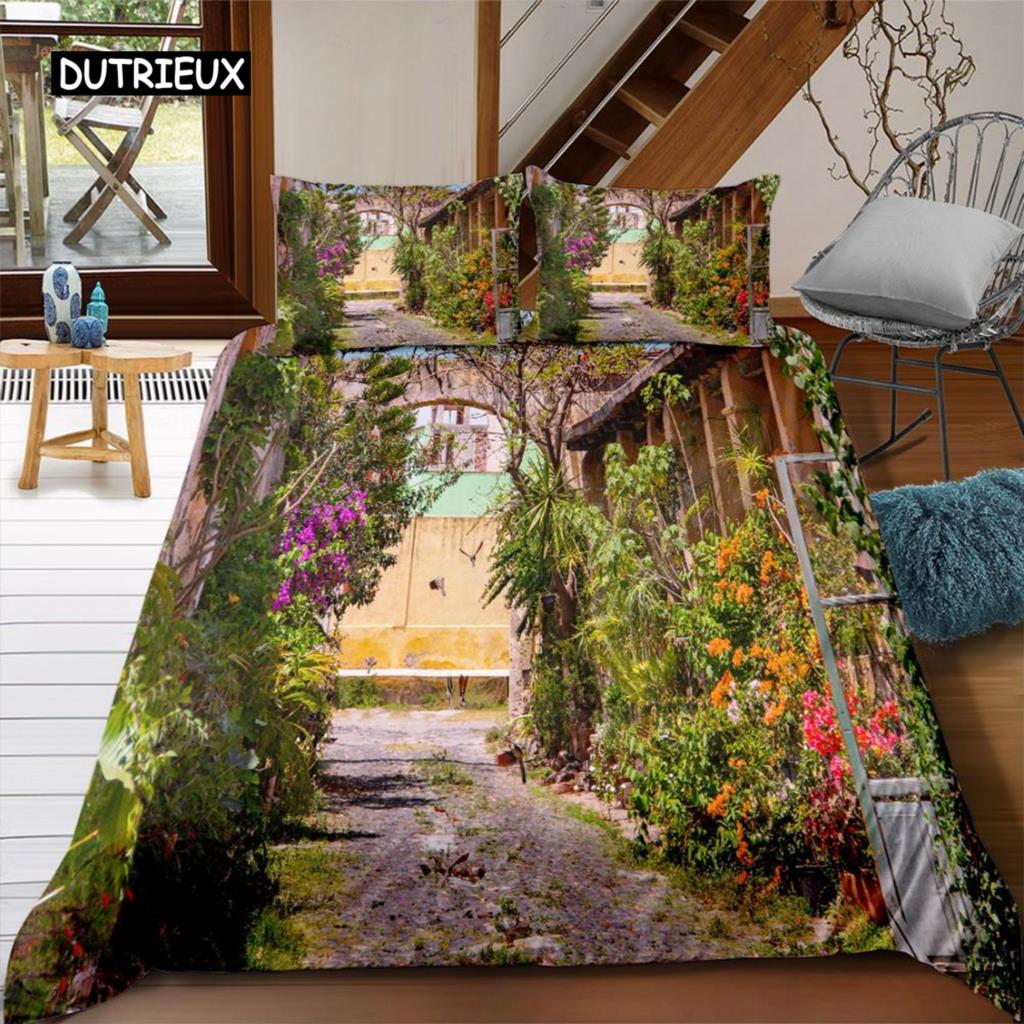 Landscape Duvet Cover Set Fake Window 3D Print Scenery Bedding Set Microfiber Landscape Waterfall Garden King Size Quilt Cover