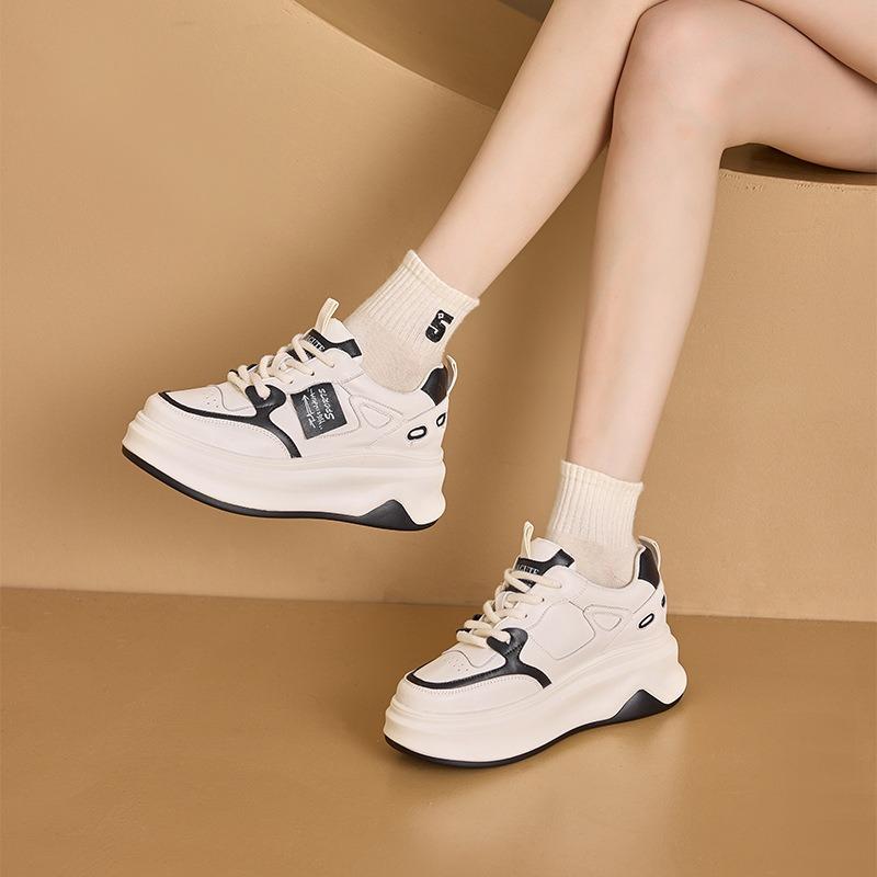 3233 Small Size Leather Casual Shoes Women's Platform White Shoes Women's Lace-up Color Matching Dad Shoes Inner Height Increase Women's Shoes