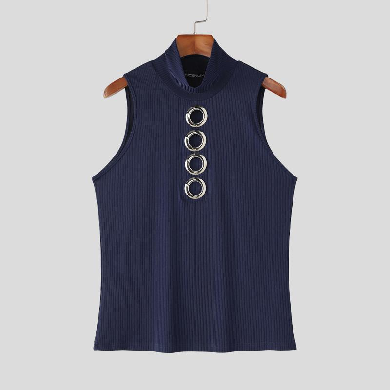 INCERUN Summer Men Mockneck Sleeveless Hollow Out Casual Rib Tank Tops