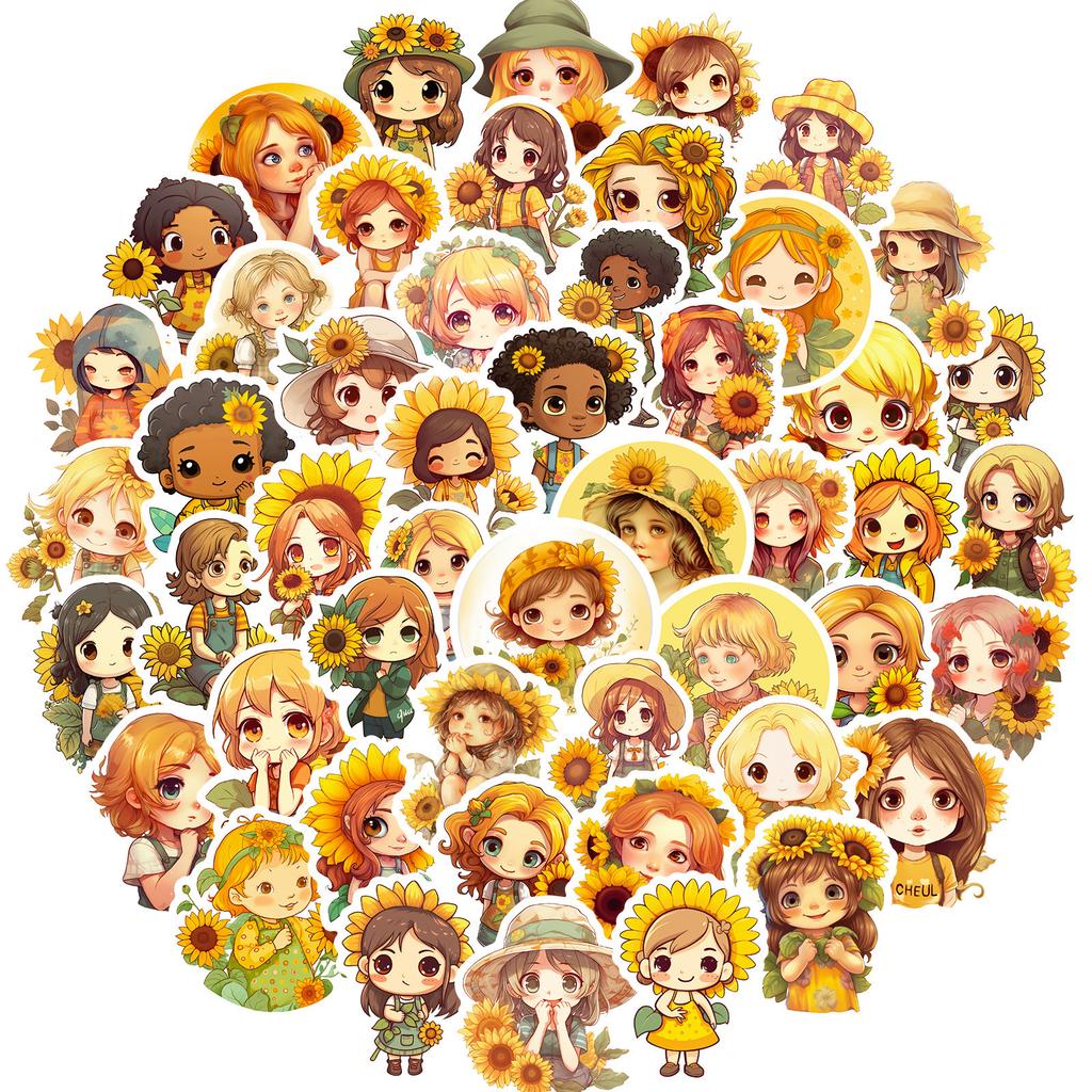50 Sunflower Girl Stickers Sunflower Creative Cartoon Little Daisy Girl Stickers Summer Fresh