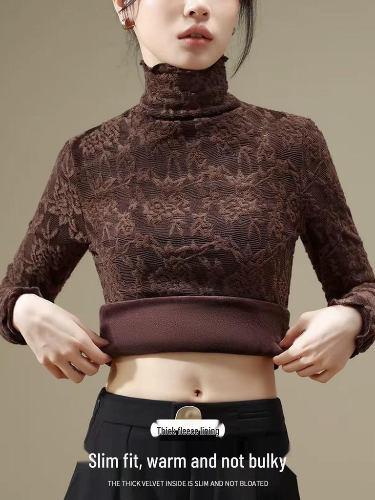 Women's High-Neck Lace Jacquard Base Layer Top - Fleece or Thin-Lined for Autumn & Winter Warmth.