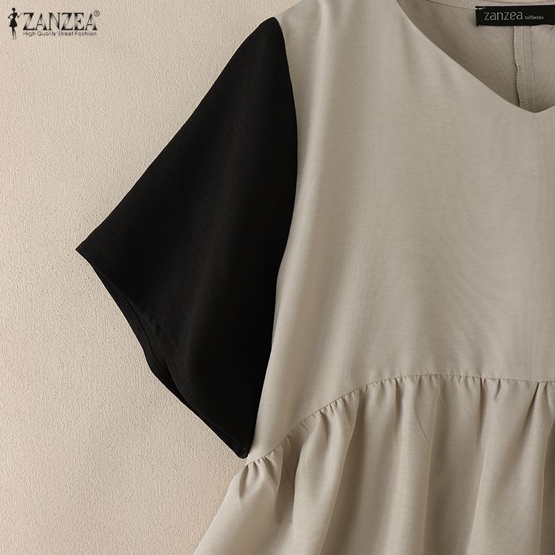 ZANZEA Women Casual V-Neck Patchwork Short Sleeve Loose Blouse
