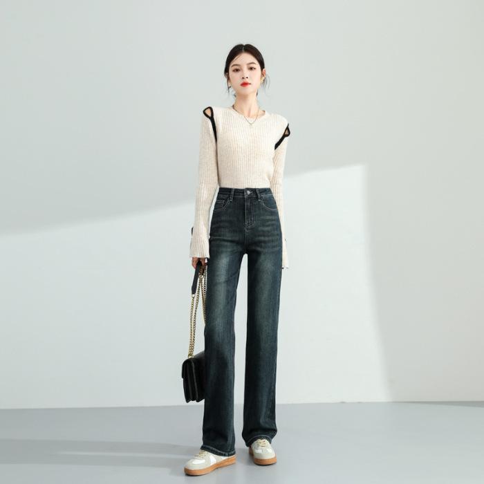 

Брюки прямого кроя с высокой талией, узкие широкие джинсы для женщин на осень, маленькие, тонкие, мягкие эластичные брюки прямого кроя с мягкой текстурой для женщин на осень 2XL