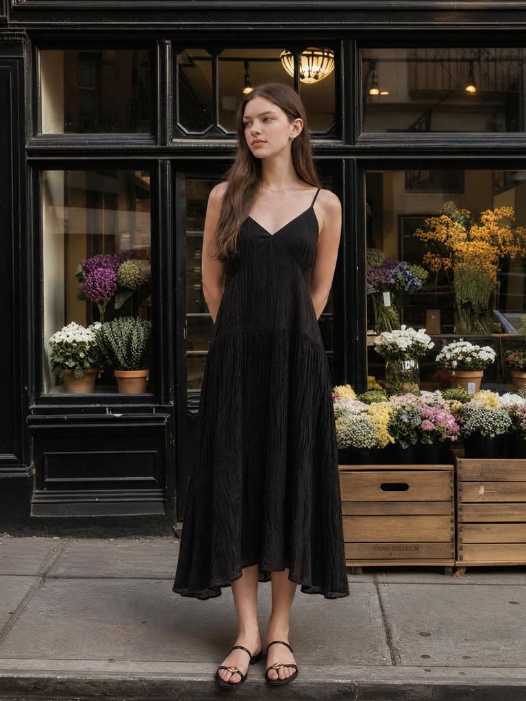 STAY WITH ME Crinkle Flare Slip Dress_Black