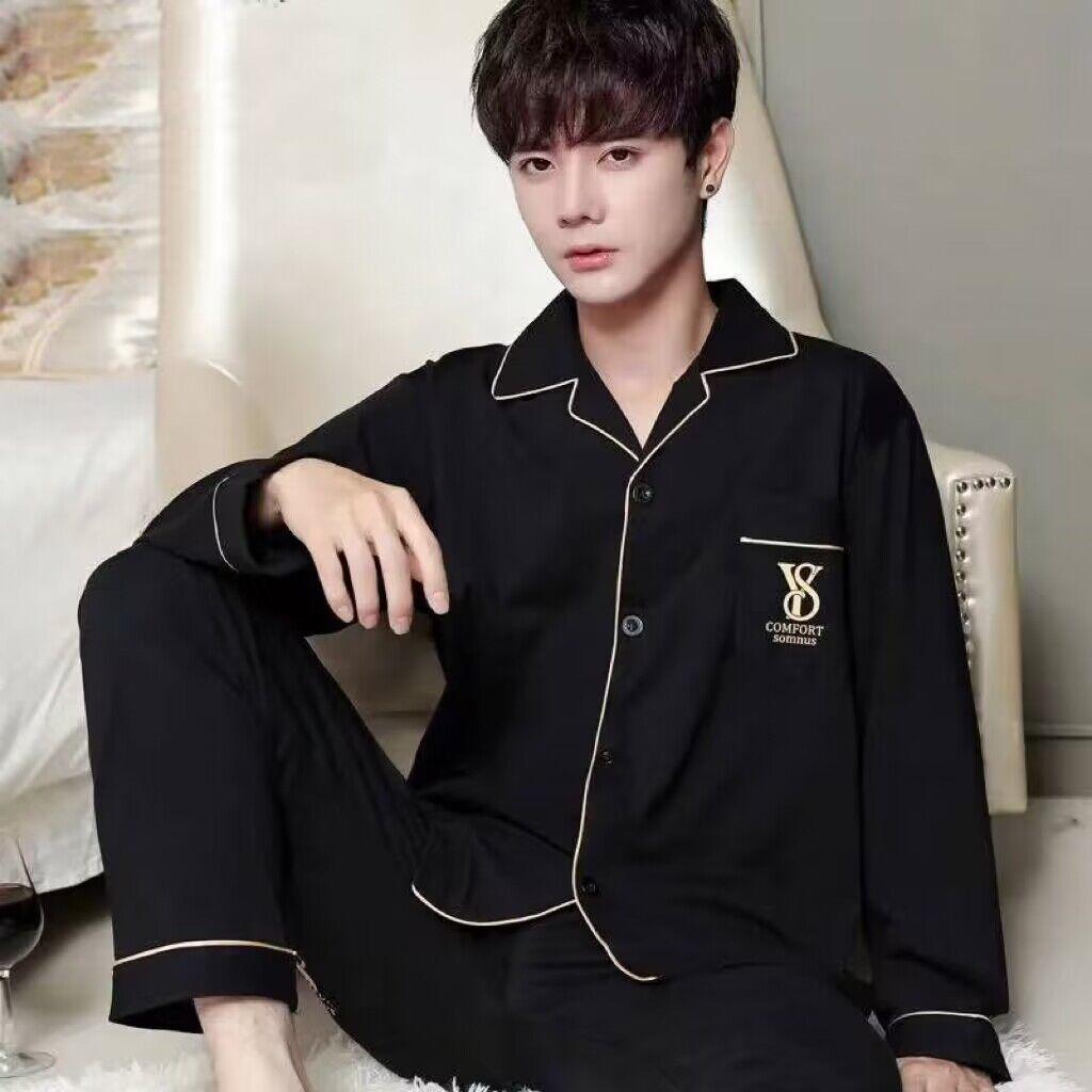 

Весенне-летняя хлопковая мужская пижама с длинными рукавами, брюки, пижамный костюм для мальчиков, повседневный домашний костюм для подростков XL чёрный