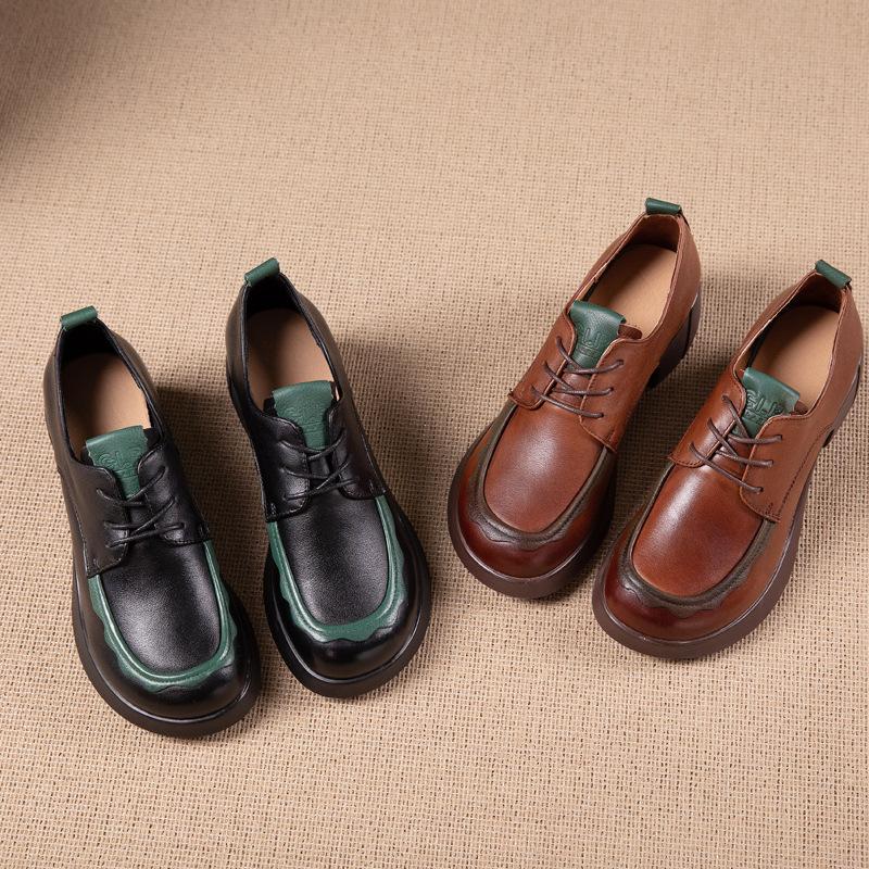 First layer cowhide loafers women's spring and autumn new British style retro lace-up wedge small leather shoes women's shoes single shoes women