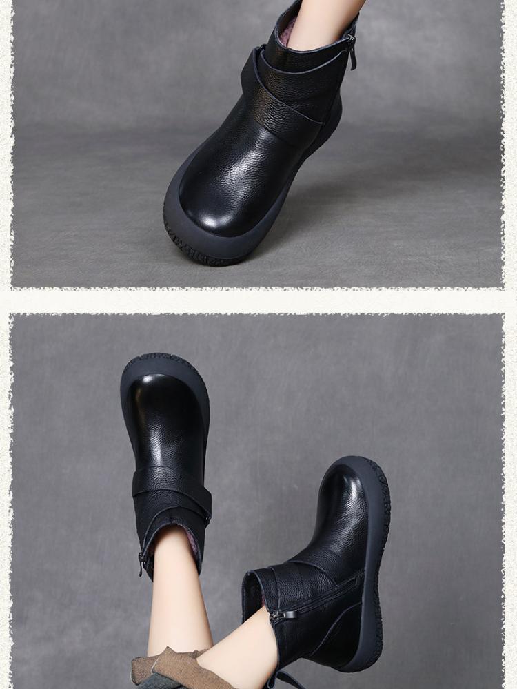 Johnature Plyšové teplé krátké boty s plochým dnem Všestranné dámské boty s měkkou podrážkou z pravé kůže