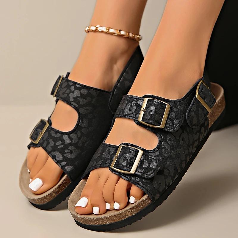 Fashion Fashion Bukcle Leopard Print Sandals Women 2025 Summer Back Strap Platform Sandles Woman Comfortable Plus Size Beach Sandalias