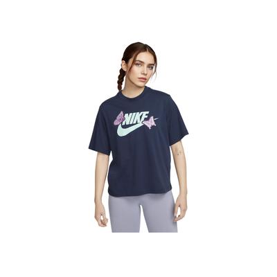 Letter Logo Butterfly Print Round Neck Short Sleeve T-Shirt Women Tops Navy-Blue FD2526-410