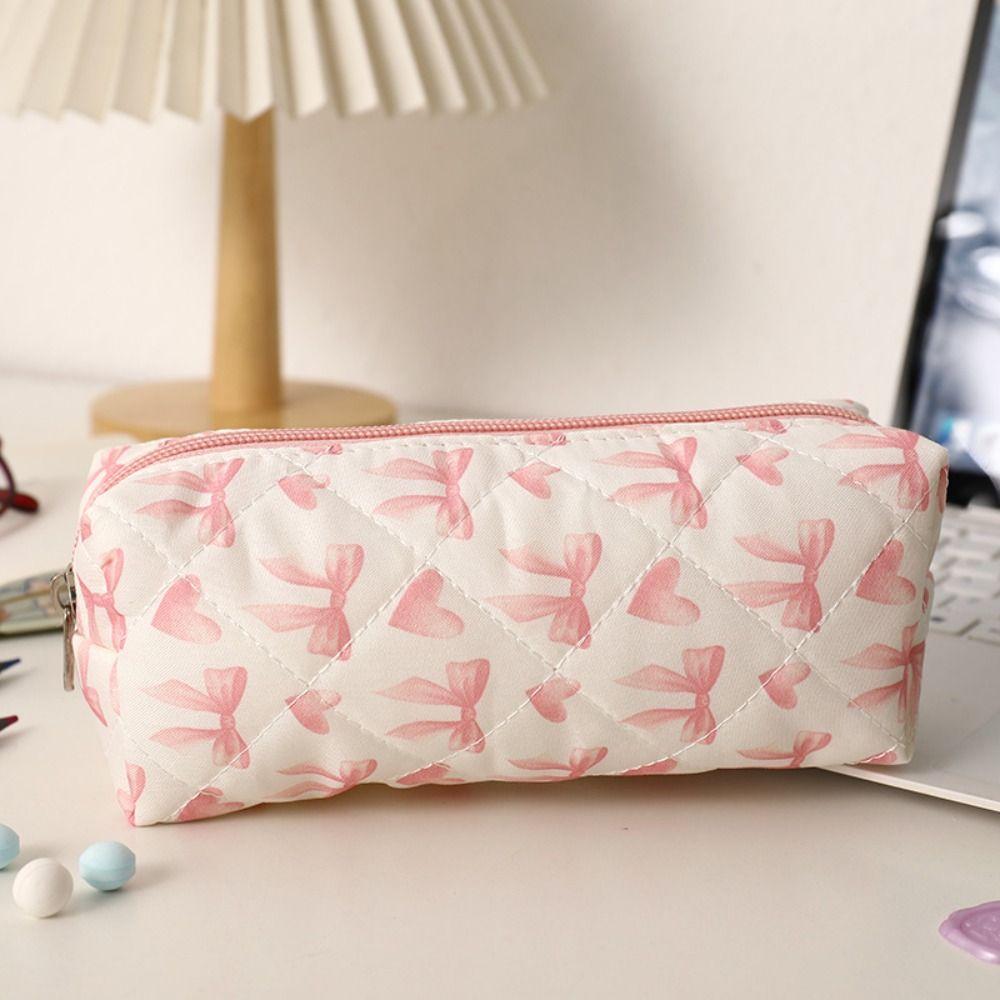 New Bowknot Floral Print Pen Bag Large Capacity Portable Storage Bag Multifunctional Stationery Bag School Office
