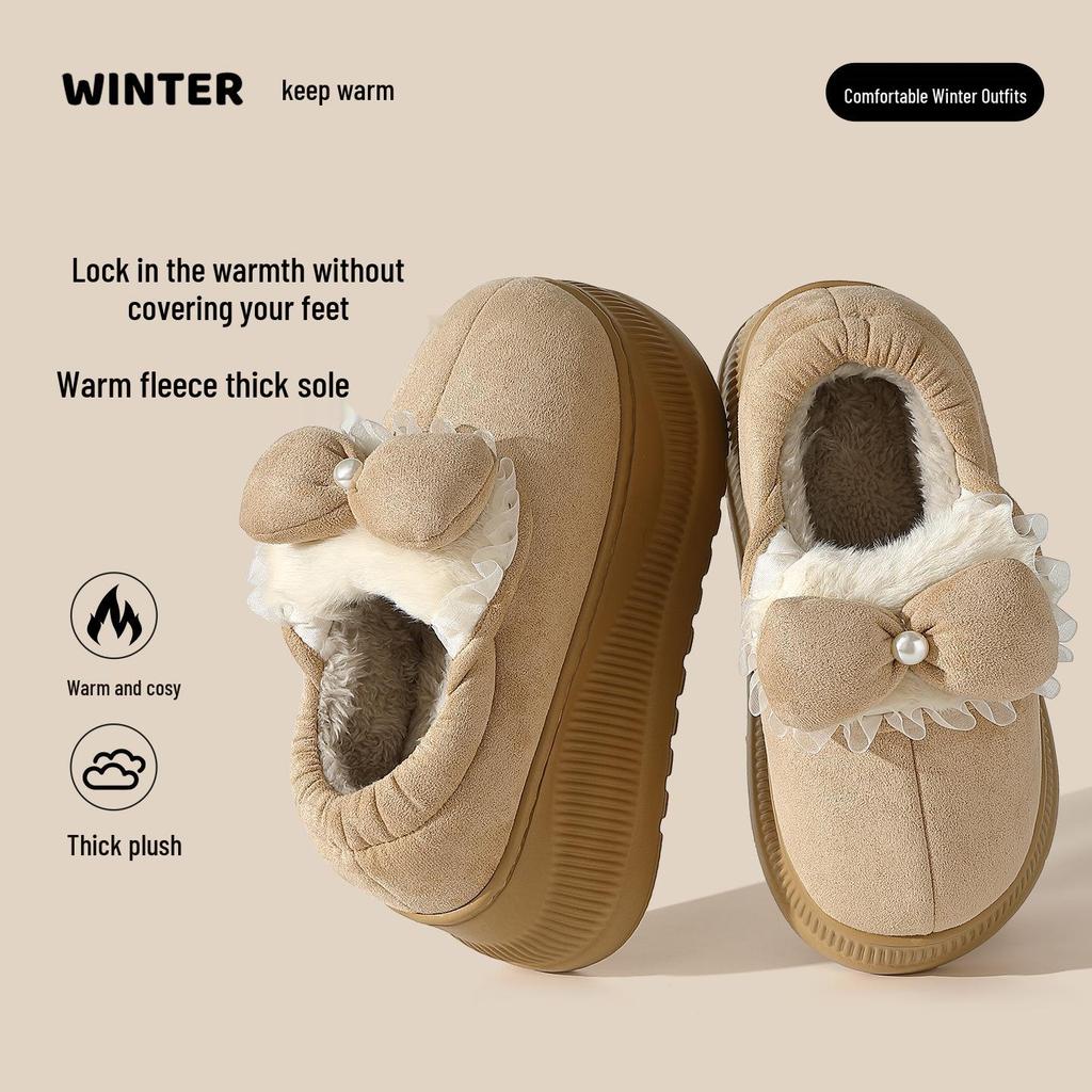 Women's Plush Warm Indoor Non-Slip Snow Boots with Bow and Thick Sole