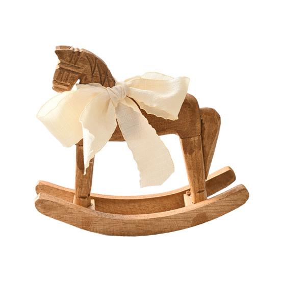 Wood Rocking Horse Figurine with Ribbon Handcrafted Rocking Horse Statue Home Office Living Room Kinetic Desktop Decoration Ornament