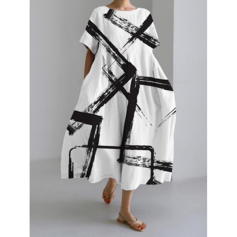Damen Sommer Übergröße Gestreiftes Print Maxikleid, Lässiges Lockeres Rundhals Kurzarm Oversized A-Linien-Kleid