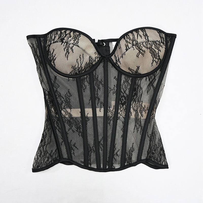 Women Mesh Corset Bustier With Cups Overbust Korset Lace up Boned Shaping Tops Sexy Strapless Crop Tops for Wedding Party Stage