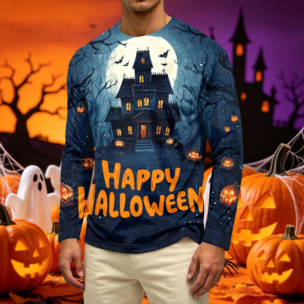 Men's Casual Long Sleeve Crew Neck T Shirt Halloween Pumpkin Ghost Print Lightweight Comfortable Fit Top