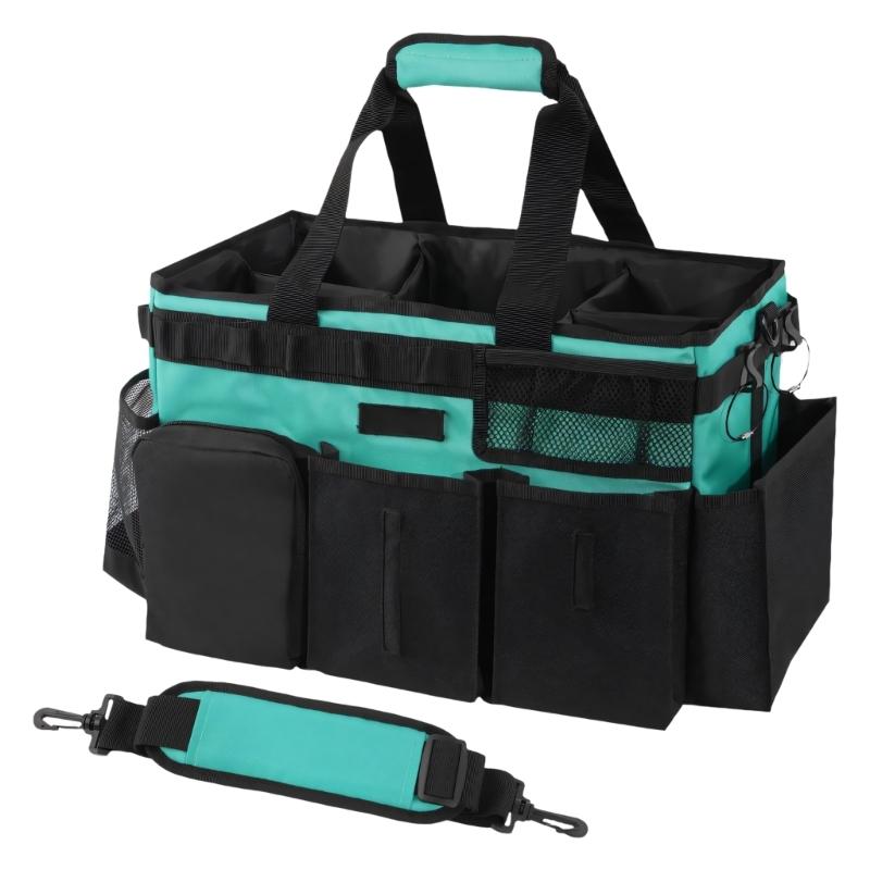 Wide Opening Cleaning Organizer Bag for Room To Room Supply Storage, Shape Holding Side Walls, Pocket Sections and Shoulder Belt Carry
