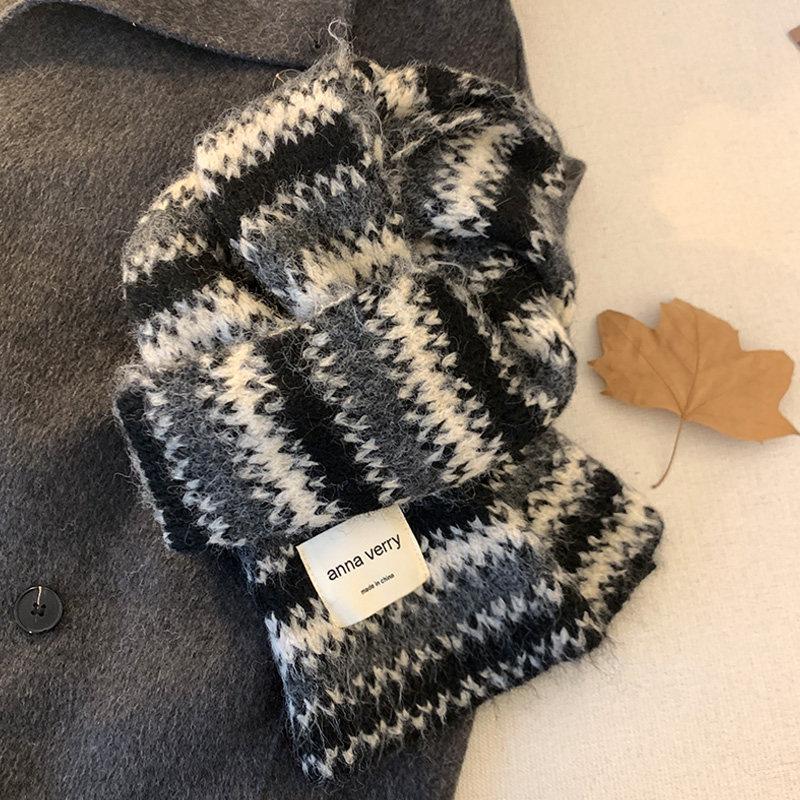 Fair Island Striped Knitted Scarf Women's New Winter Thickened Warm Soft Waxy Couple Shawl Wool Scarf