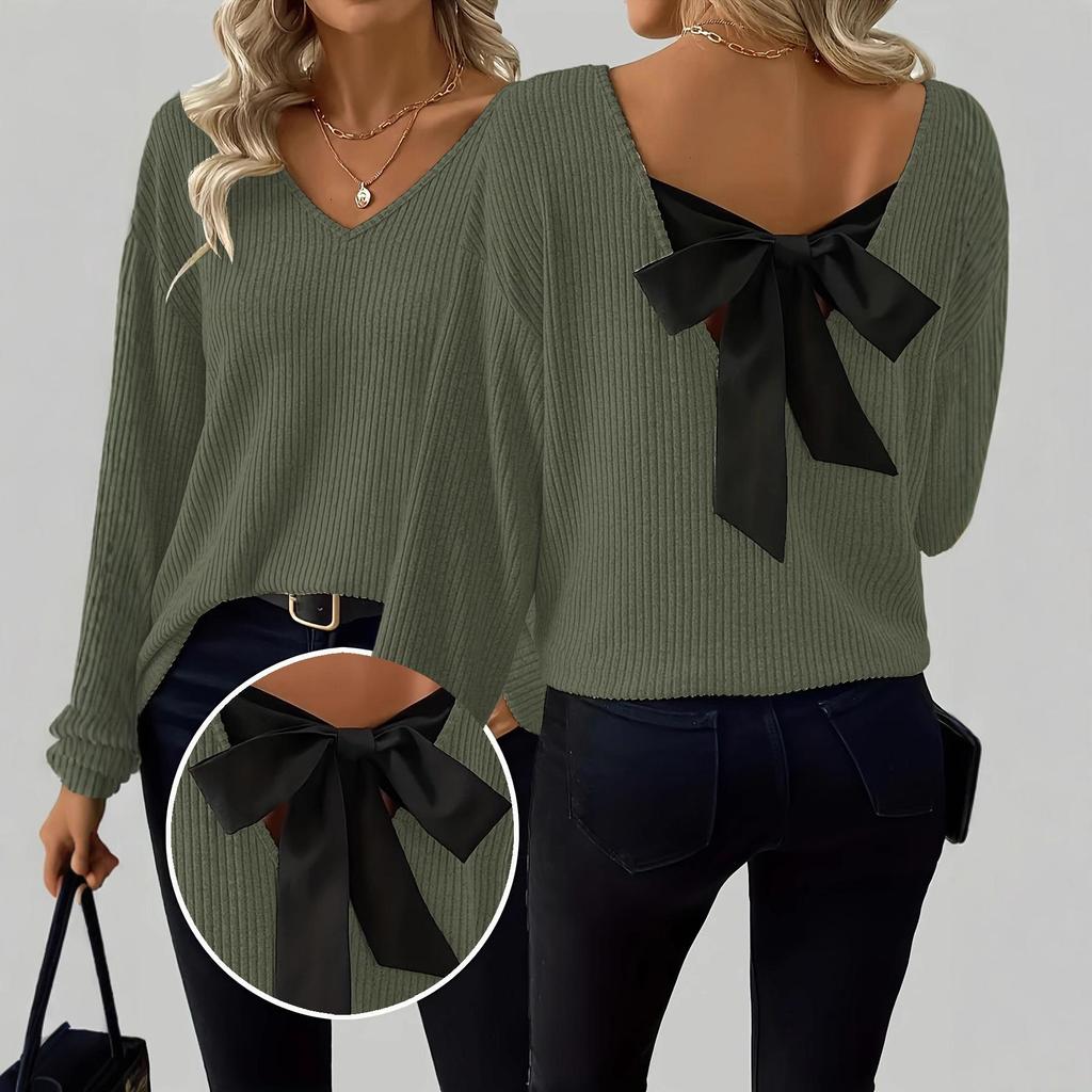 Women's V-Neck Solid Sweater with Bow - Autumn Long Sleeve Loose Fit