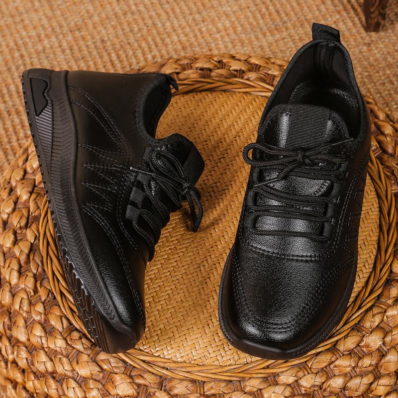 Fashion Classic Pu Solid Black Lace Up Sneakers Women 2025 Autumn Round Toe Stitching Decoration Casual Shoes Soft Sole Non Slip Shoes
