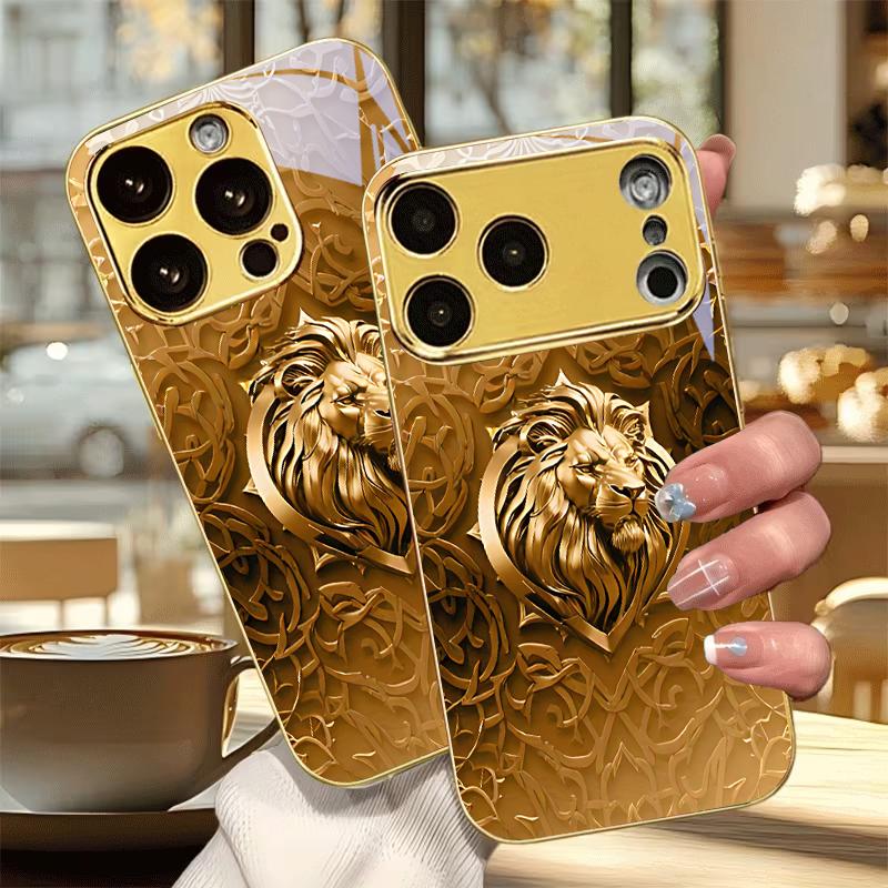Golden Lion Shield Electroplated Golden Phone Case For iPhone 14 17 16 15 13 12 11 Pro Max Plus 16E 17Air XR 7 8 XS Back Cover