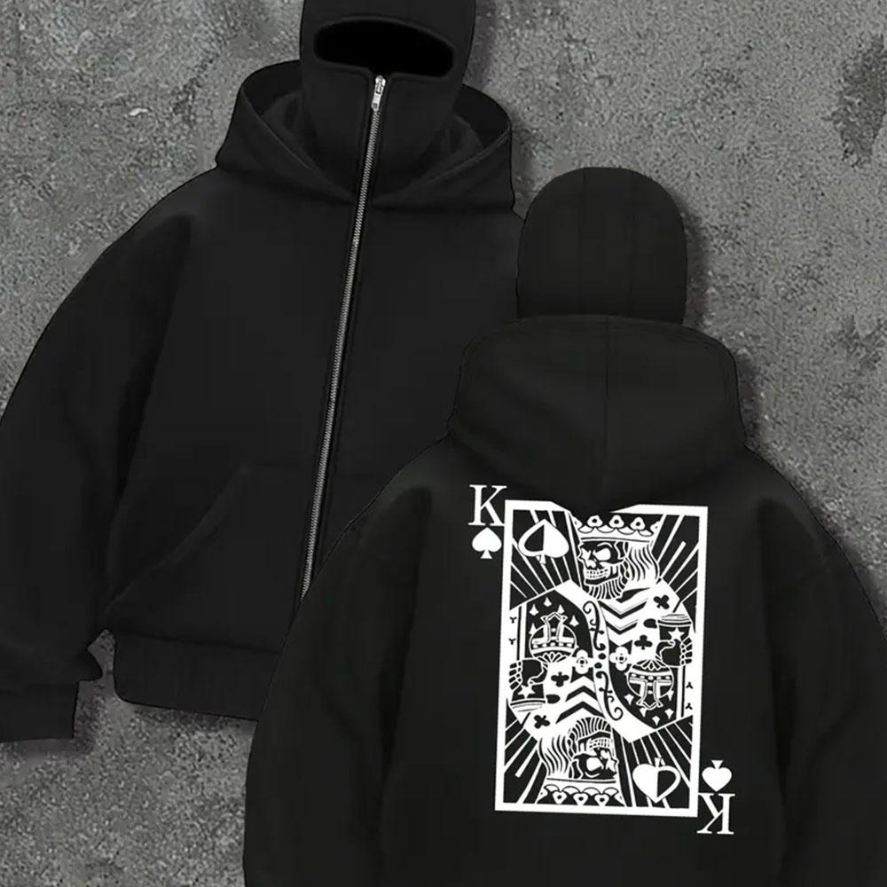 Men's Black Zipper Hooded Sweatshirt with Spider Personalized Print, Fashionable and Trendy Full Zipper Sweatshirt Jacket, Double Hat Design