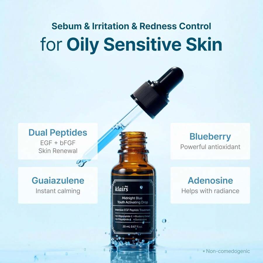 Dear, Klairs Midnight Blue Youth Activating Drop 20ml | Breakout Care & Sebum Control, Dual EGF, Peptides, Guaiazulene, Adenosine