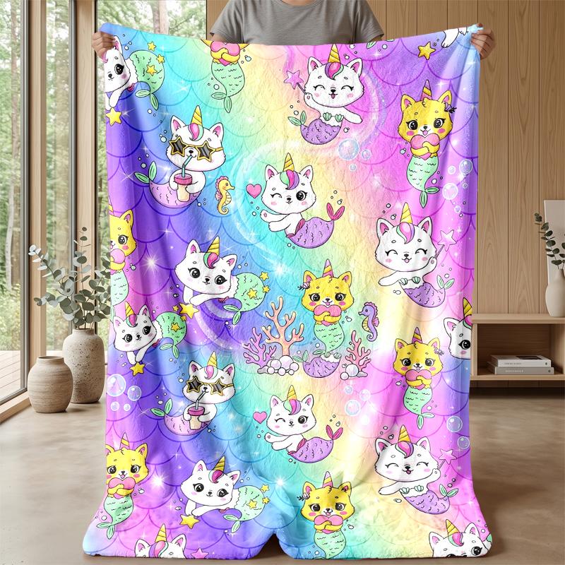 Rainbow Mermaid Cat Pattern Theme Blanket Lightweight Warm Flannel Blanket Decorative Throw Blanket for Home Decoration